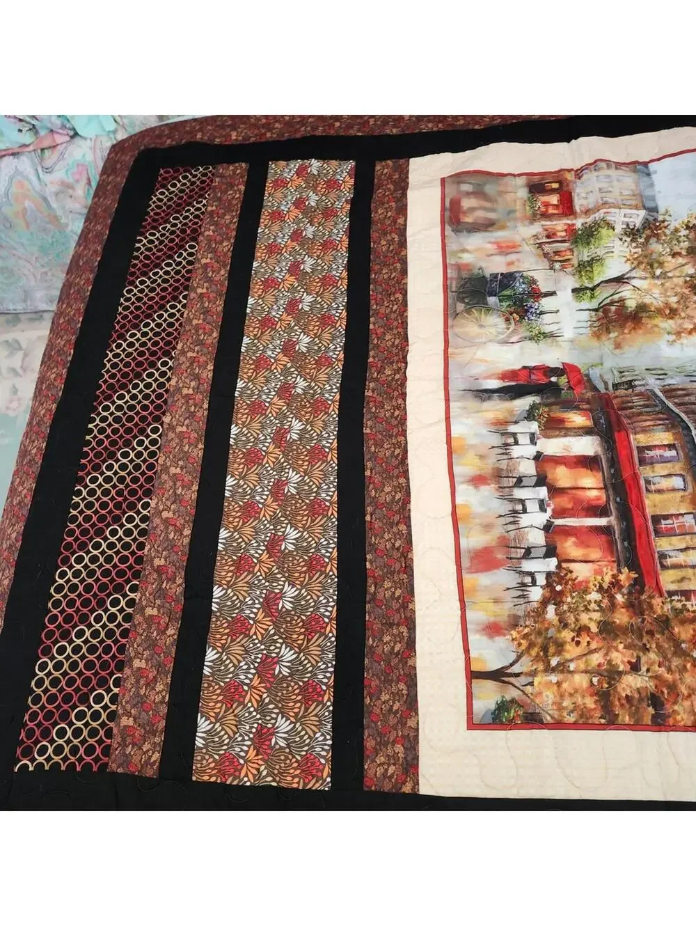 New Beautiful Handcrafted Autumn-Themed Quilt with Parisian Street Scene